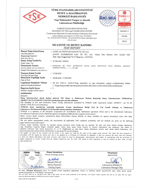 TSE A2 YANMAZ KOMPOZİT PANEL TEST RAPORU